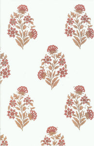 9234/6 SWATCH-DUSTY CORAL BLOCK PRINT LOOK COASTAL LIVING COUNTRY STYLE INDIAN DECOR PINK CORAL RED PURPLE COTTON SAND GOLD YELLOW