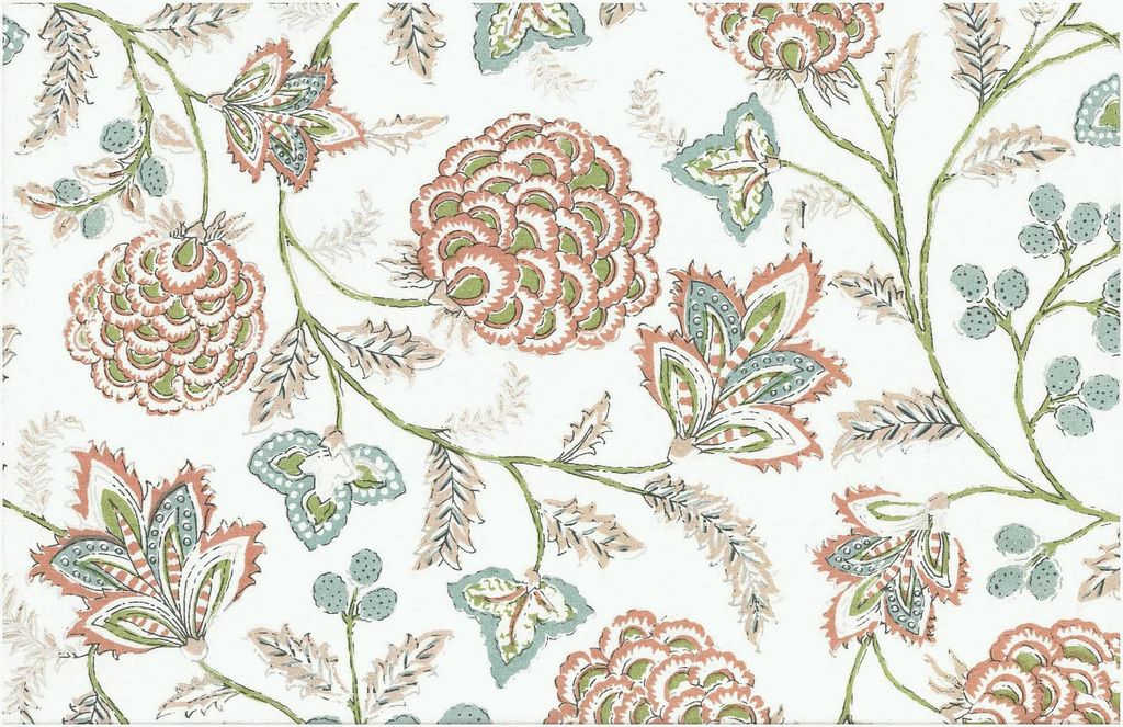 9231/7 SWATCH-CORAL/AQUA BLOCK PRINT LOOK COASTAL LIVING COUNTRY STYLE FARMHOUSE DECOR INDIAN PINK CORAL RED PURPLE COTTON