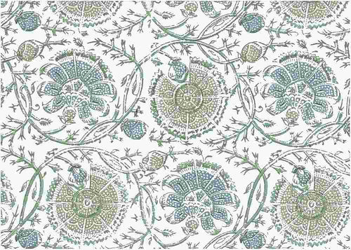 9219/3 SWATCH-LAKE/FLAX/WHITE BLOCK PRINT LOOK BOHO DECOR COUNTRY STYLE INDIAN LIGHT BLUES COTTON
